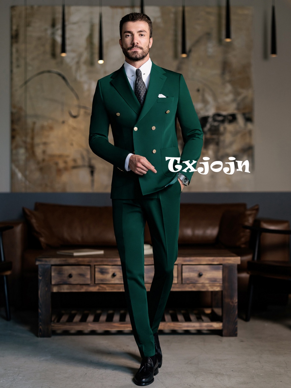 Men Formal Wear Pants - ชุดสูทผู้ชายสีเขียวทรงเข้ารูป 2 ชิ้น เสื้อแจ็คเก็ตและกางเกง สำหรับงานวันเกิด งานเลี้ยง