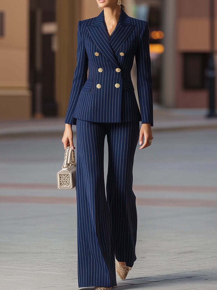 Men'S Formal Wear In Winter - ชุดสูทผู้หญิงลายทางสำหรับทำงาน แจ็คเก็ตเบลเซอร์และกางเกงขายาว ชุดทางการ 2 ชิ้น แฟชั่นฤดูใบไม้ร่วง