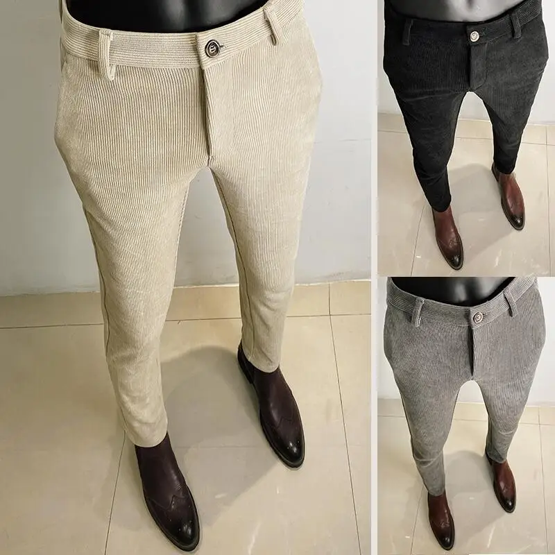 Men'S Formal Wear In Winter - กางเกงสูททำด้วยผ้าขนสัตว์เนื้อหนาสำหรับฤดูใบไม้ร่วงและฤดูหนาวกางเกงลายทางทรงสลิมนักธุรกิจผู้ชายชุดทางการชุดเดรสลายดอกไม้ออฟฟิศ