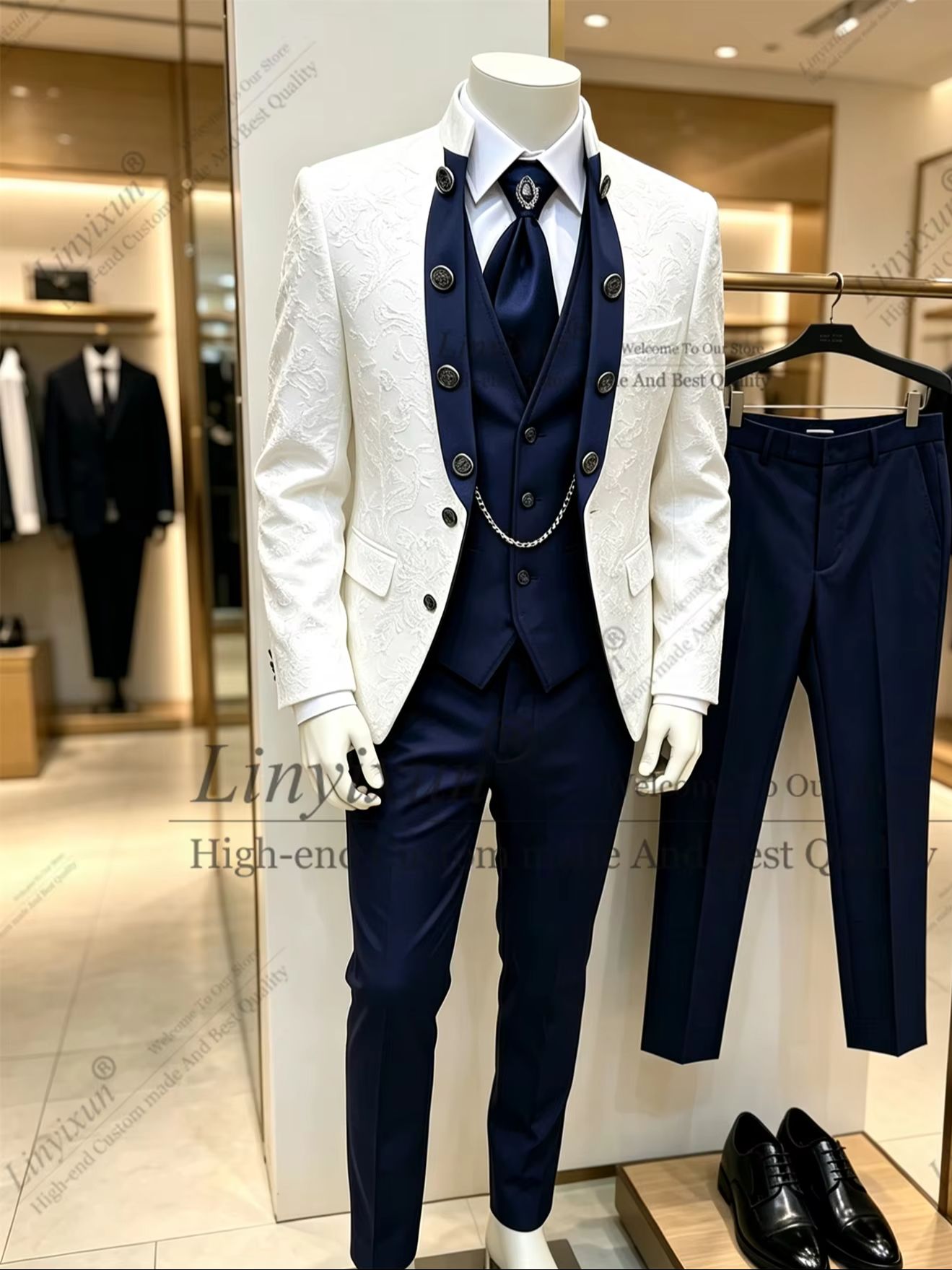 Men Formal Wear For Dinner - ชุดสูทที่เหมาะสมที่สุดสำหรับเจ้าบ่าว ชุดแต่งงานผู้ชายแบบแจ็คการ์ด 3 ชิ้น ตัดเย็บตามสั่ง ทรงเข้ารูป