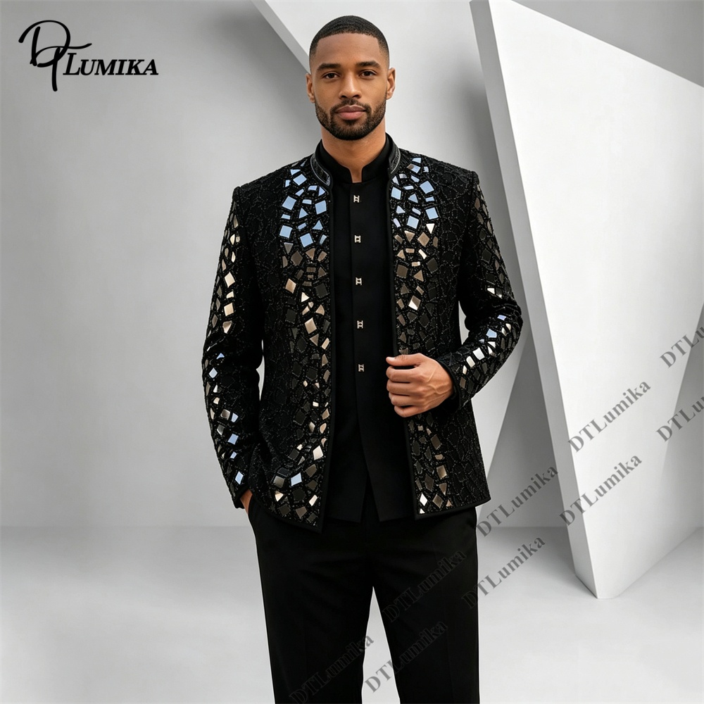 Men Formal Wear Pants - ชุดสูทผู้ชายสีดำคอจีน ประดับกระจกโมเสกและเพชรเทียม พร้อมเสื้อเบลเซอร์และกางเกง สำหรับการแสดงบนเวที นักร้อง งานปาร์ตี้