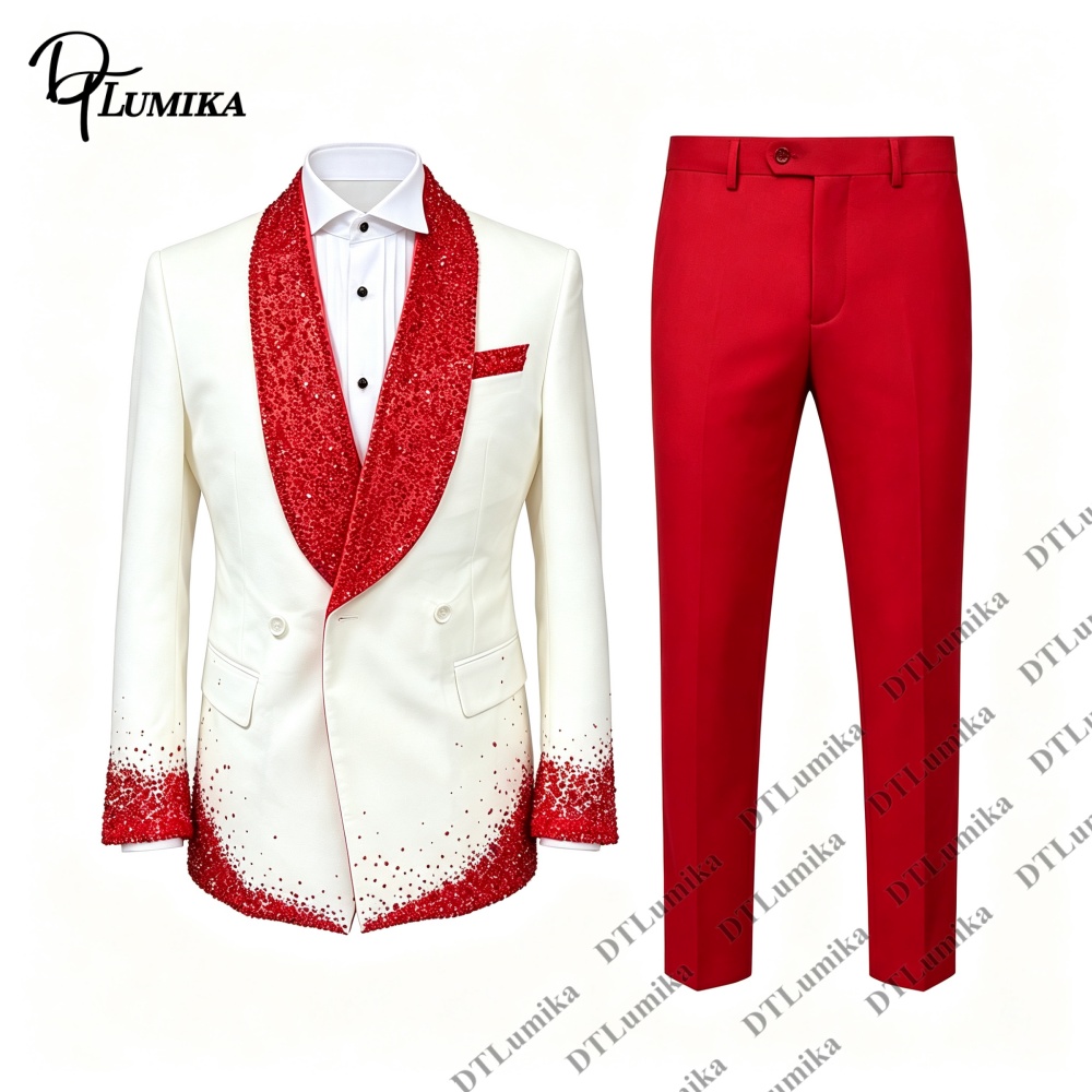Tall Men Formal Wear - ชุดแต่งงานสำหรับผู้ชายไซส์ใหญ่และสูง ชุดสูทสั่งตัดพิเศษสำหรับผู้ชาย ชุดสูททางการแบบ 2 ชิ้นสีตัดกัน พร้อมเสื้อแจ็คเก็ตประดับคริสตัลสุดหรูและกางเกง