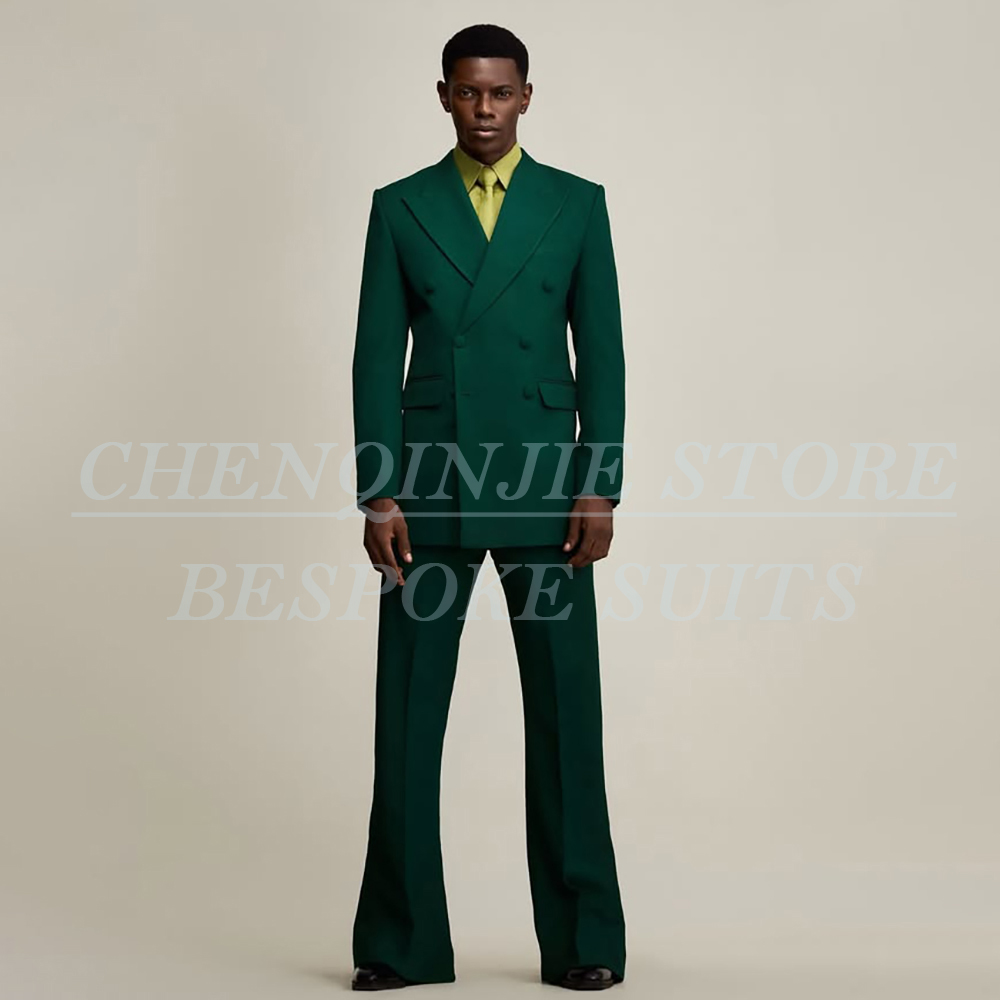 Men Formal Wear Pants - ชุดสูทผู้ชายสีเขียวสุดหรูสำหรับงานแต่งงาน ชุดสูทแบบกระดุมสองแถว คุณภาพสูง 2 ชิ้น เสื้อแจ็คเก็ตและกางเกง