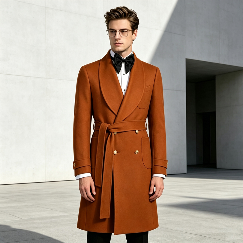 Men'S Formal Wear In Winter - เสื้อโค้ทผู้ชายหรูหรา ผ้าผสมขนสัตว์ คอปกผ้าพันคอ ดีไซน์เข็มขัดคาดเอว กระดุมทองสองแถว สำหรับฤดูหนาว